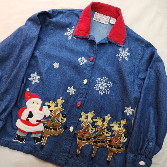 Tantrums Tops - Tantrums Women's Blue Denim Christmas Button Up Shirt Size L Santa Reindeer